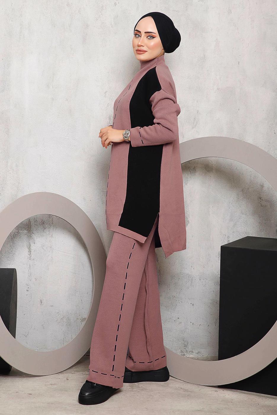Tesettür giyim PUDRA DESENLİ TRİKO PANTOLONLU TAKIM 6192