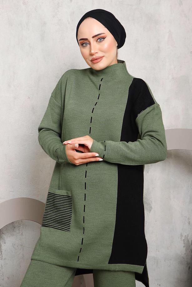 Hijab clothing GREEN PATTERNED KNITWEAR PANTS SUIT 6192 - TRENDTESETTÜR