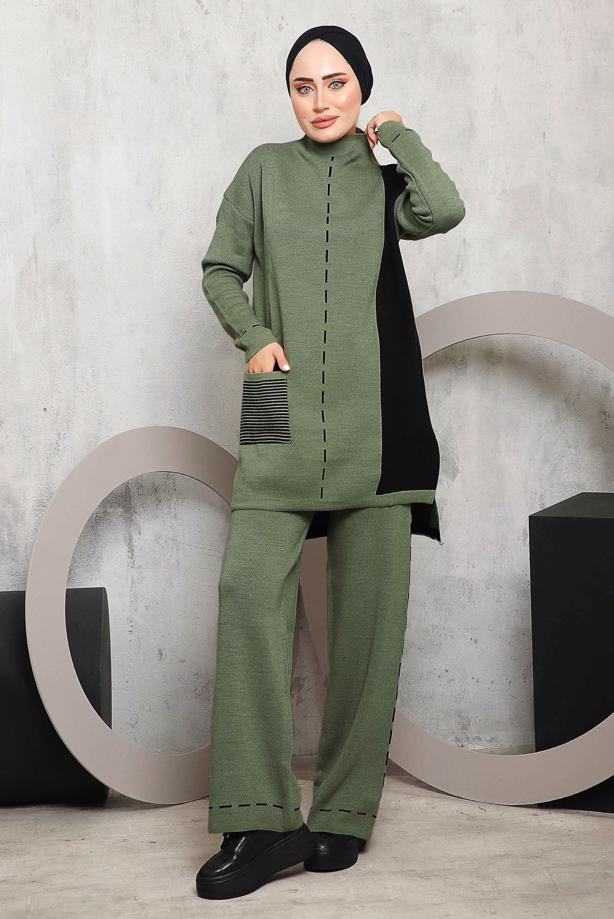 Hijab clothing GREEN PATTERNED KNITWEAR PANTS SUIT 6192 - TRENDTESETTÜR