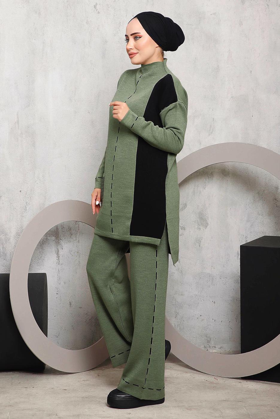 Hijab clothing GREEN PATTERNED KNITWEAR PANTS SUIT 6192