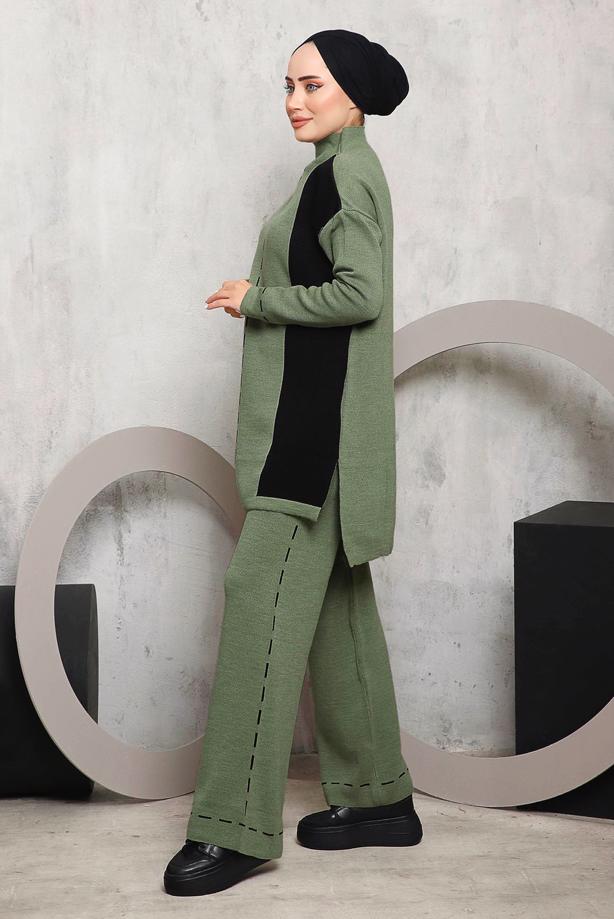 Hijab clothing GREEN PATTERNED KNITWEAR PANTS SUIT 6192 - TRENDTESETTÜR