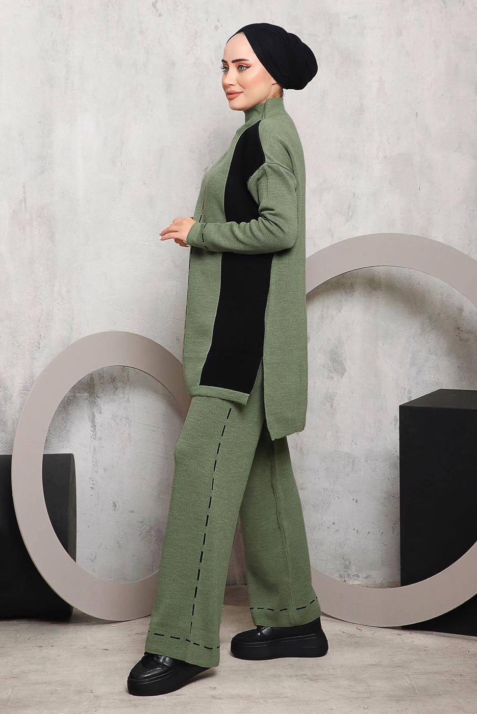 Hijab clothing GREEN PATTERNED KNITWEAR PANTS SUIT 6192