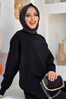 Tesettür giyim SİYAH BAKLAVA DESENLİ PANTOLONLU TRİKO TAKIM 6216 