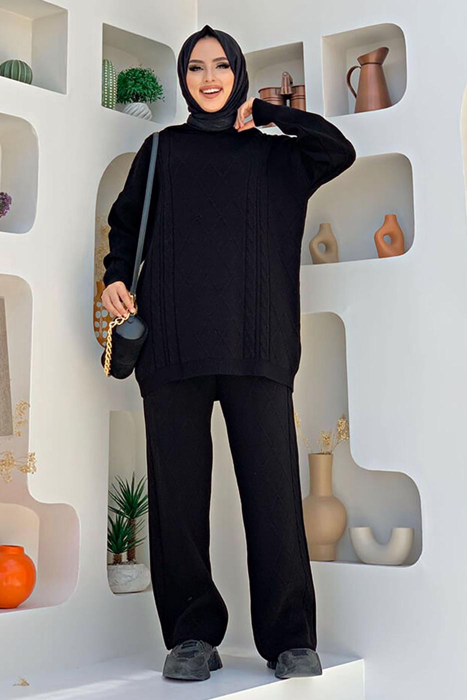 Tesettür giyim SİYAH BAKLAVA DESENLİ PANTOLONLU TRİKO TAKIM 6216 