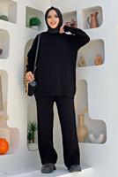 Tesettür giyim SİYAH BAKLAVA DESENLİ PANTOLONLU TRİKO TAKIM 6216 