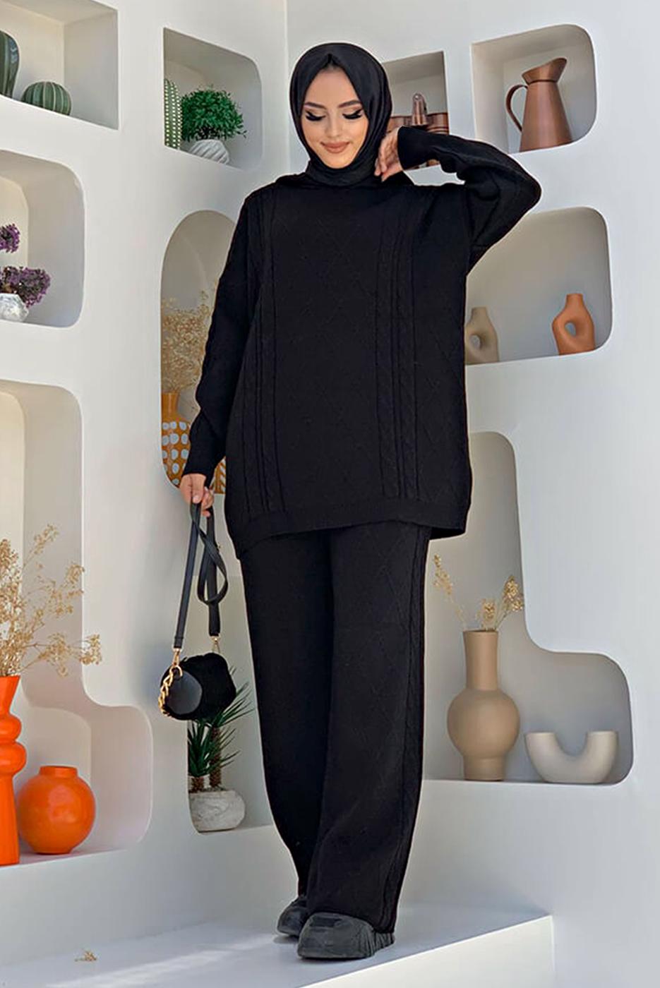 Tesettür giyim SİYAH BAKLAVA DESENLİ PANTOLONLU TRİKO TAKIM 6216 