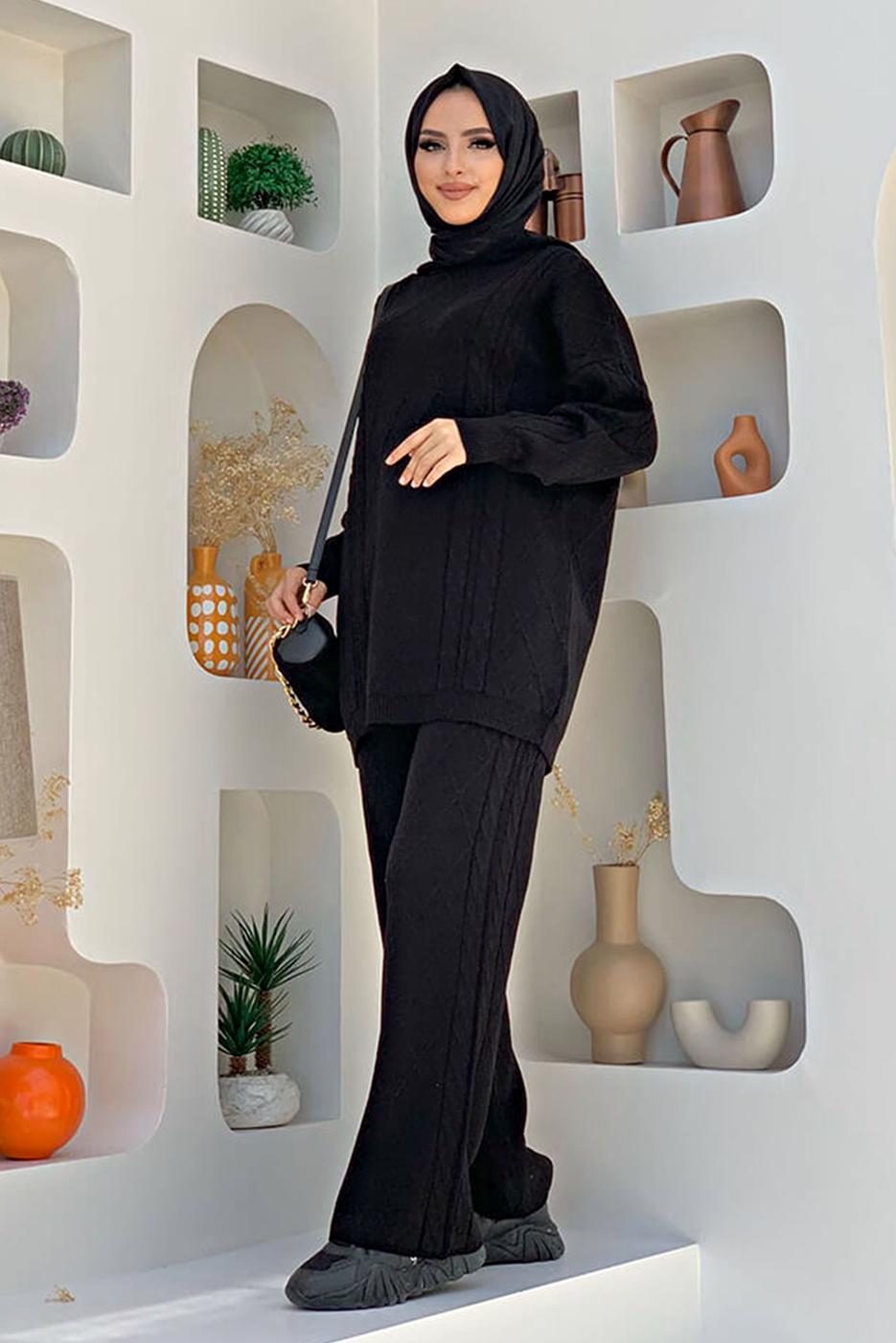 Tesettür giyim SİYAH BAKLAVA DESENLİ PANTOLONLU TRİKO TAKIM 6216 