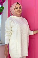 Tesettür giyim EKRU BAKLAVA DESENLİ PANTOLONLU TRİKO TAKIM 6216 