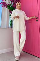Tesettür giyim EKRU BAKLAVA DESENLİ PANTOLONLU TRİKO TAKIM 6216 