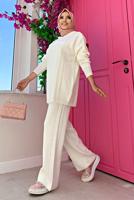 Tesettür giyim EKRU BAKLAVA DESENLİ PANTOLONLU TRİKO TAKIM 6216 