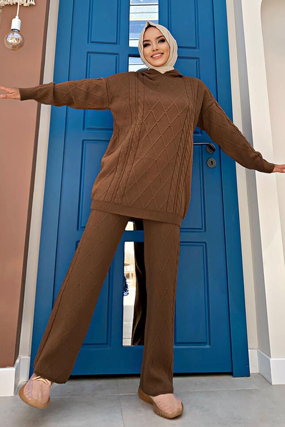 Tesettür giyim TABA BAKLAVA DESENLİ PANTOLONLU TRİKO TAKIM 6216 