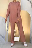 Tesettür giyim PEMBE BAKLAVA DESENLİ PANTOLONLU TRİKO TAKIM 6216 