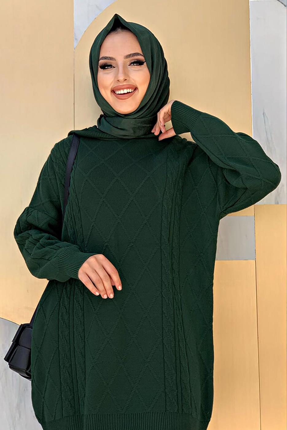 Tesettür giyim YEŞİL BAKLAVA DESENLİ PANTOLONLU TRİKO TAKIM 6216 