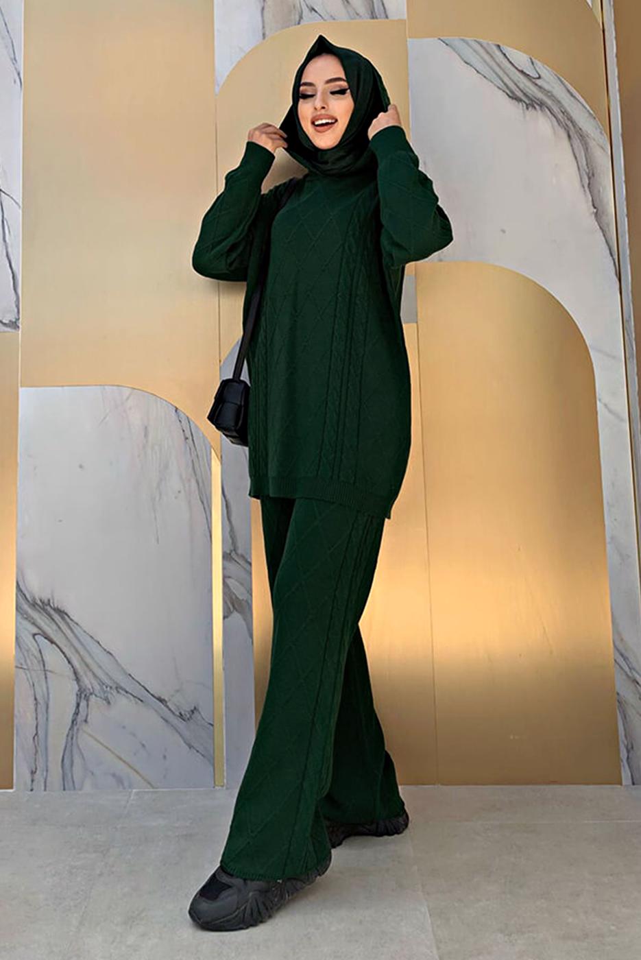 Tesettür giyim YEŞİL BAKLAVA DESENLİ PANTOLONLU TRİKO TAKIM 6216 