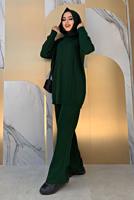 Tesettür giyim YEŞİL BAKLAVA DESENLİ PANTOLONLU TRİKO TAKIM 6216 