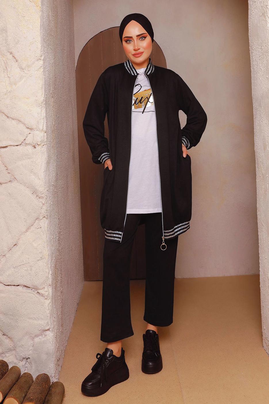 Tesettür giyim SİYAH SİM DETAYLI ÜÇLÜ PANTOLONLU TAKIM 6472 