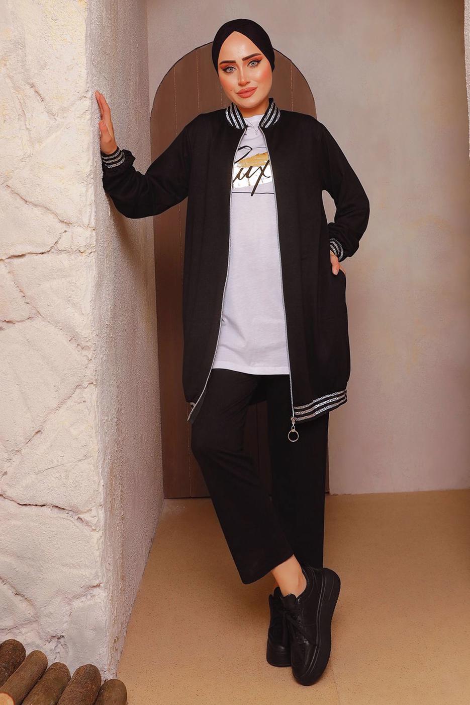 Tesettür giyim SİYAH SİM DETAYLI ÜÇLÜ PANTOLONLU TAKIM 6472 