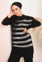 Tesettür giyim SİYAH SİMLİ DESENLİ PANTOLONLU TRİKO TAKIM 6592	