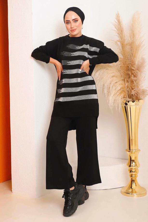 Vêtements hijab NOIR ENSEMBLE PANTALON EN MAILLE A MOTIFS ARGENTÉS 6592 - TRENDTESETTÜR