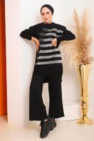 Tesettür giyim SİYAH SİMLİ DESENLİ PANTOLONLU TRİKO TAKIM 6592	