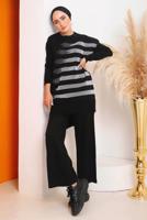 Tesettür giyim SİYAH SİMLİ DESENLİ PANTOLONLU TRİKO TAKIM 6592	