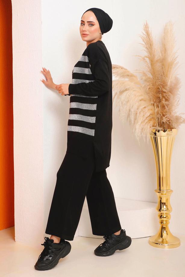 Vêtements hijab NOIR ENSEMBLE PANTALON EN MAILLE A MOTIFS ARGENTÉS 6592 - TRENDTESETTÜR