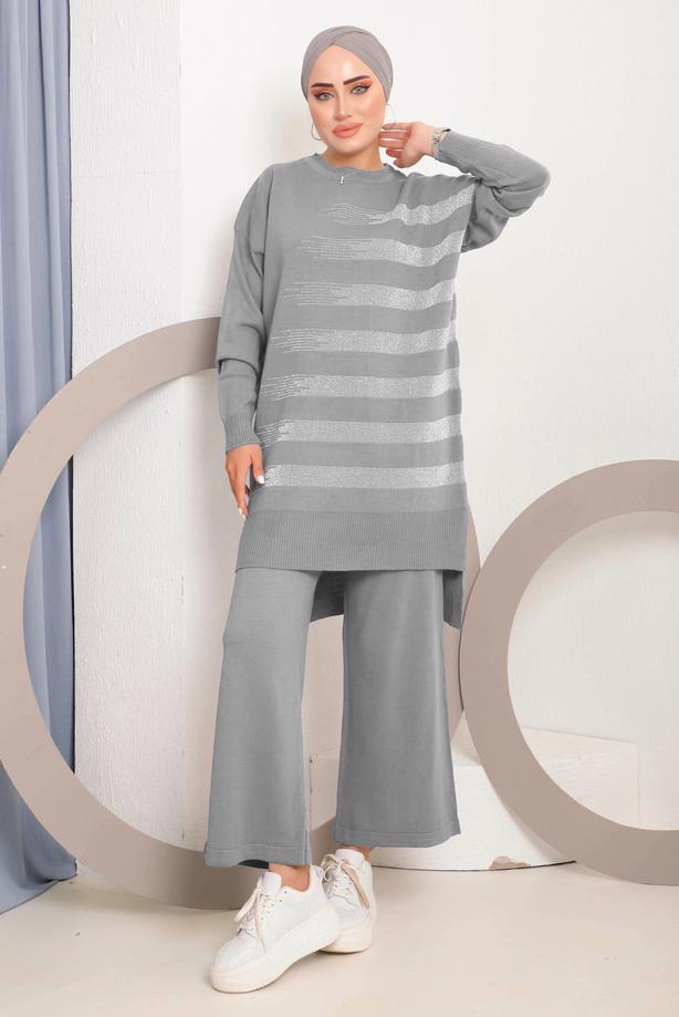 Vêtements hijab GRIS ENSEMBLE PANTALON EN MAILLE A MOTIFS ARGENTÉS 6592 - TRENDTESETTÜR