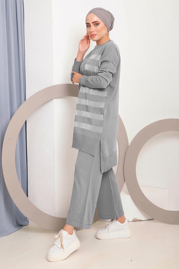 Vêtements hijab GRIS ENSEMBLE PANTALON EN MAILLE A MOTIFS ARGENTÉS 6592 - TRENDTESETTÜR