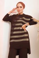 Tesettür giyim KAHVE SİMLİ DESENLİ PANTOLONLU TRİKO TAKIM 6592	