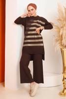Tesettür giyim KAHVE SİMLİ DESENLİ PANTOLONLU TRİKO TAKIM 6592	