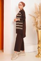 Tesettür giyim KAHVE SİMLİ DESENLİ PANTOLONLU TRİKO TAKIM 6592	