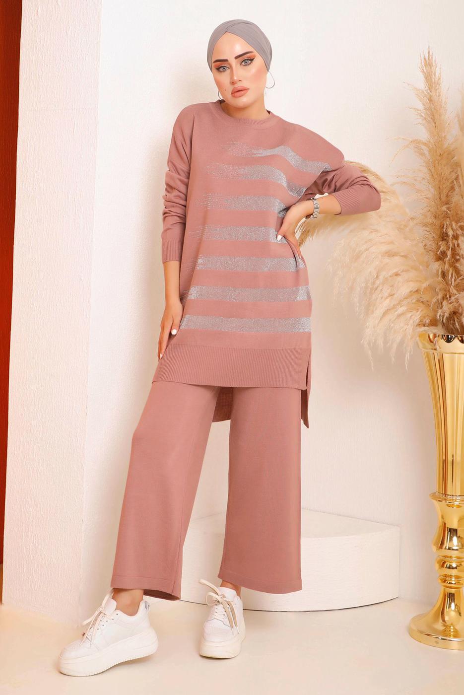 Hijab clothing POWDER SILVERY PATTERNED KNITWEAR PANTS SUIT 6592 