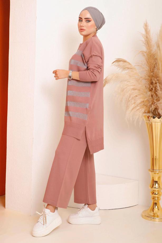 Hijab clothing POWDER SILVERY PATTERNED KNITWEAR PANTS SUIT 6592  - TRENDTESETTÜR