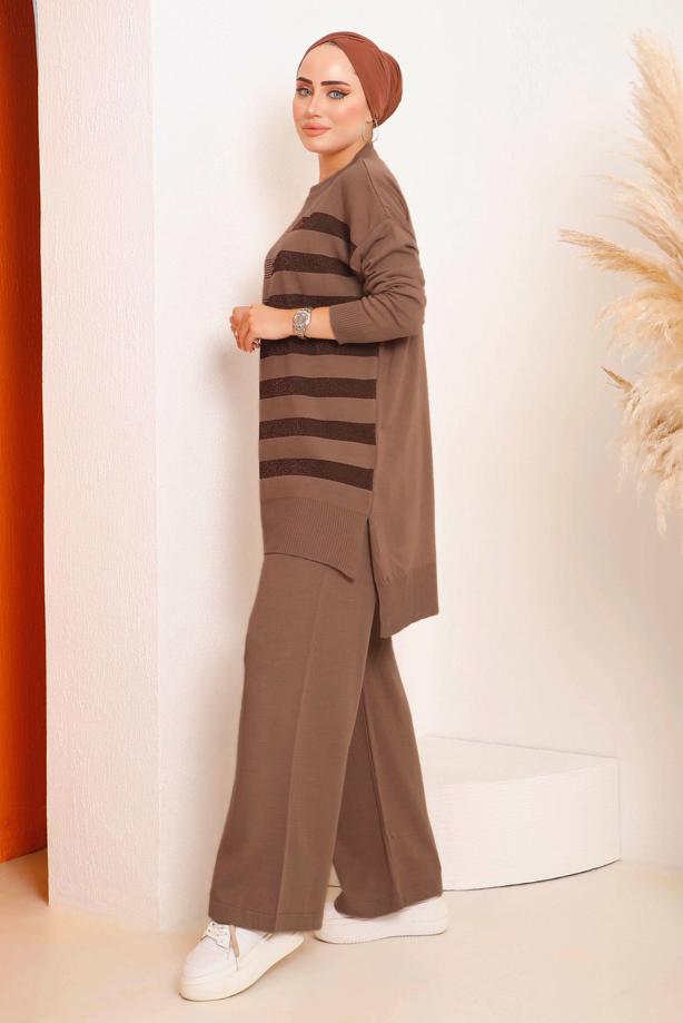 Vêtements hijab TABA ENSEMBLE PANTALON EN MAILLE A MOTIFS ARGENTÉS 6592 - TRENDTESETTÜR