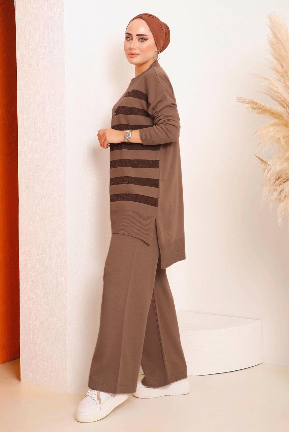 Vêtements hijab TABA ENSEMBLE PANTALON EN MAILLE A MOTIFS ARGENTÉS 6592