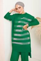 Tesettür giyim YEŞİL SİMLİ DESENLİ PANTOLONLU TRİKO TAKIM 6592	