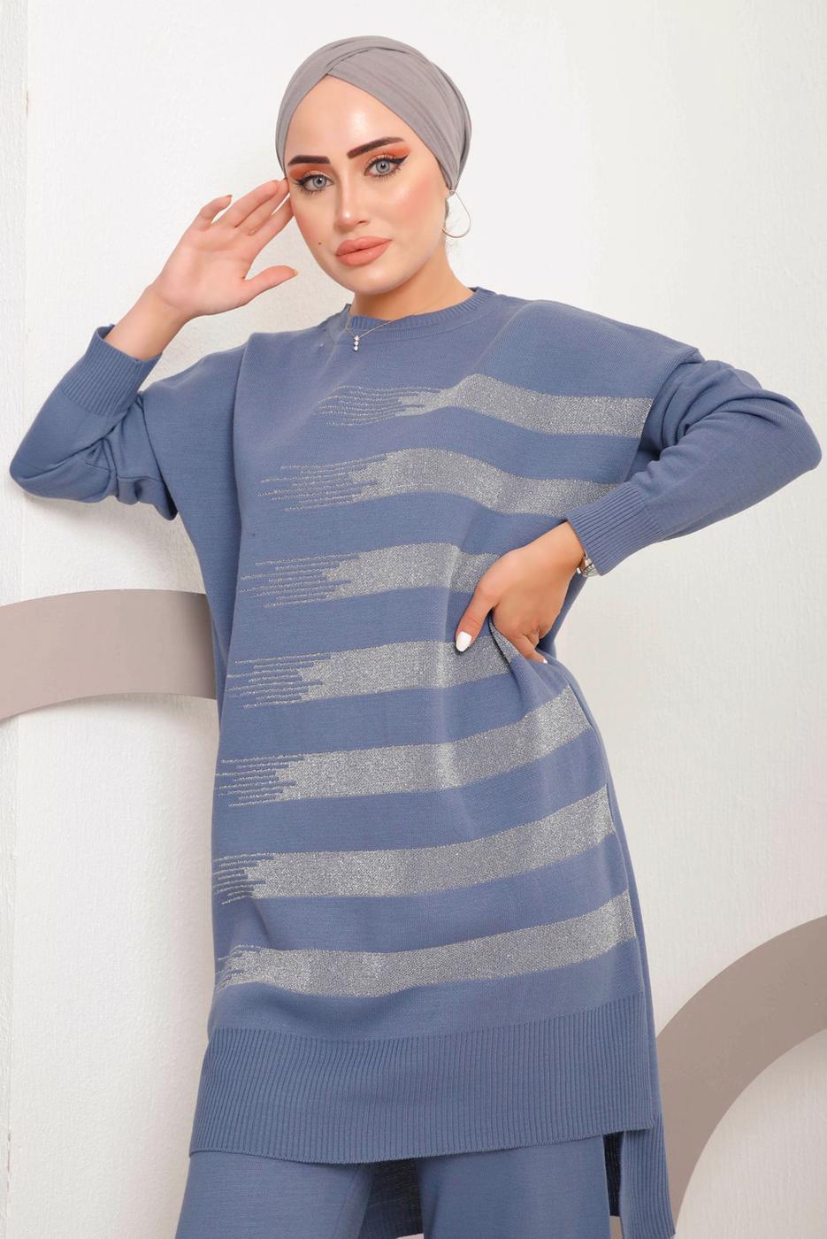 Tesettür giyim LACİVERT SİMLİ DESENLİ PANTOLONLU TRİKO TAKIM 6592	