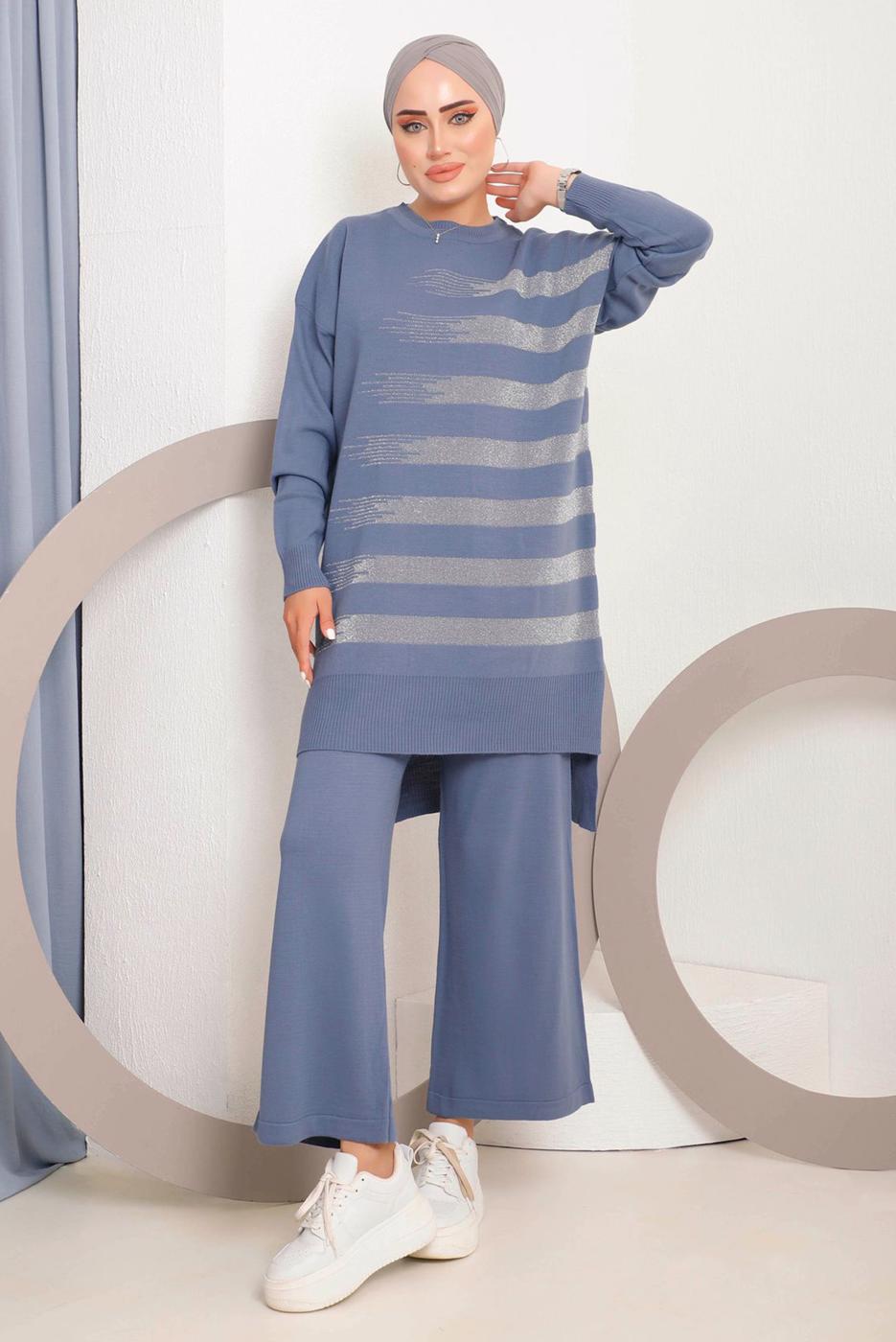 Tesettür giyim LACİVERT SİMLİ DESENLİ PANTOLONLU TRİKO TAKIM 6592	