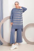 Tesettür giyim LACİVERT SİMLİ DESENLİ PANTOLONLU TRİKO TAKIM 6592	