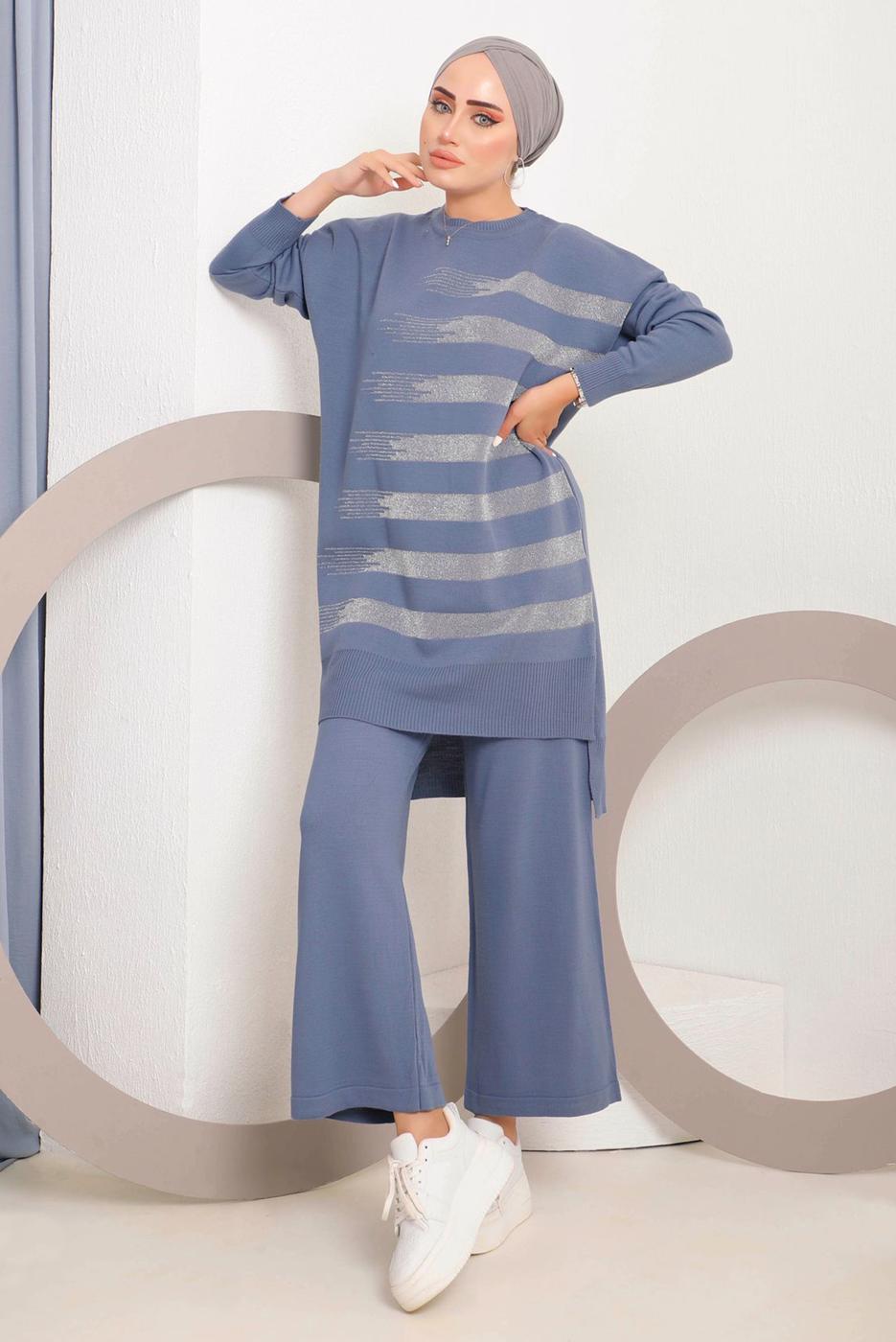 Tesettür giyim LACİVERT SİMLİ DESENLİ PANTOLONLU TRİKO TAKIM 6592	