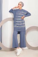 Tesettür giyim LACİVERT SİMLİ DESENLİ PANTOLONLU TRİKO TAKIM 6592	