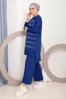 Vêtements hijab BLEU MARINE ENSEMBLE PANTALON EN MAILLE A MOTIFS ARGENTÉS 6592