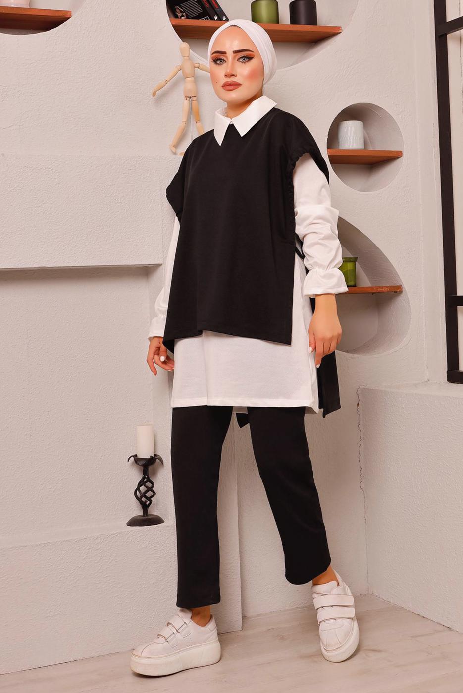 Tesettür giyim SİYAH BAĞLAMA DETAYLI ÜÇLÜ PANT. TAKIM 6772