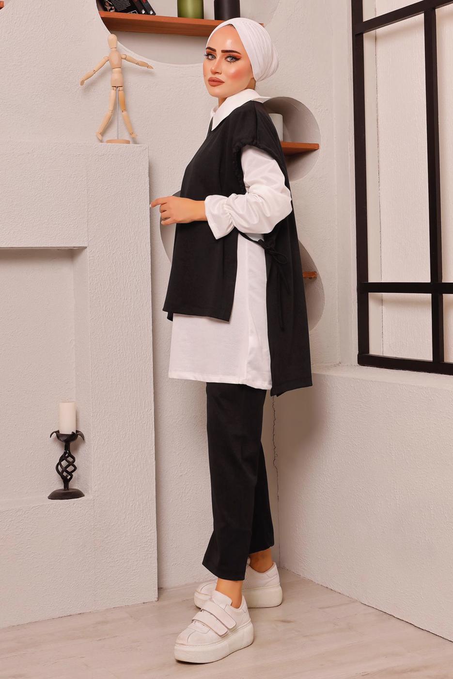 Tesettür giyim SİYAH BAĞLAMA DETAYLI ÜÇLÜ PANT. TAKIM 6772