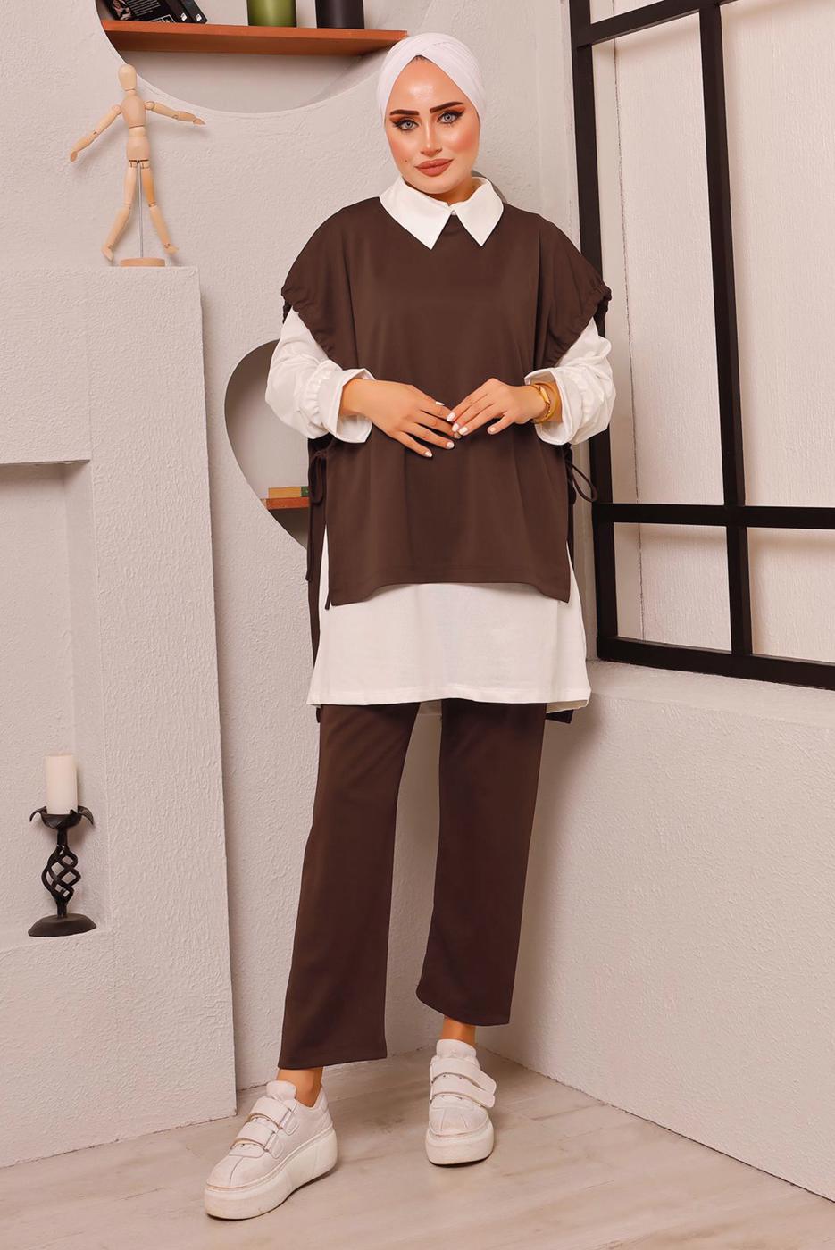 Tesettür giyim KAHVE BAĞLAMA DETAYLI ÜÇLÜ PANT. TAKIM 6772