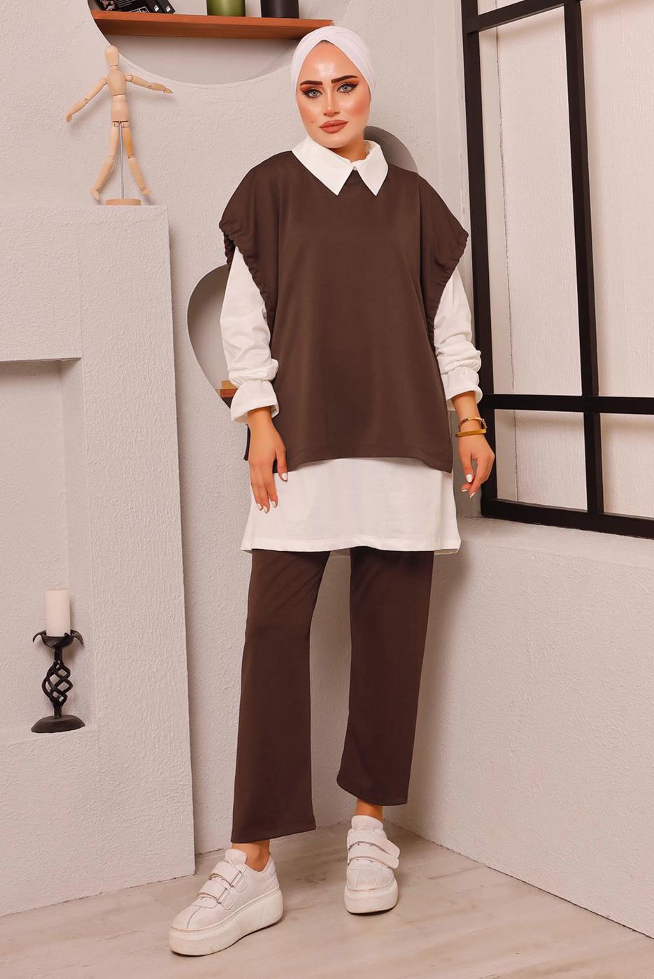 Tesettür giyim KAHVE BAĞLAMA DETAYLI ÜÇLÜ PANT. TAKIM 6772
