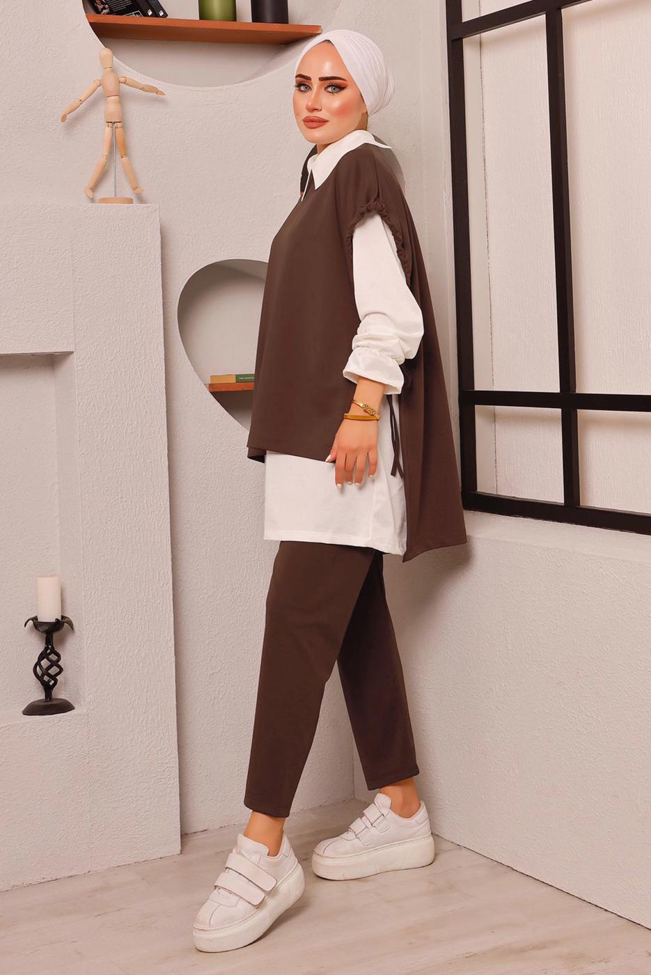 Tesettür giyim KAHVE BAĞLAMA DETAYLI ÜÇLÜ PANT. TAKIM 6772