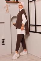 Tesettür giyim KAHVE BAĞLAMA DETAYLI ÜÇLÜ PANT. TAKIM 6772