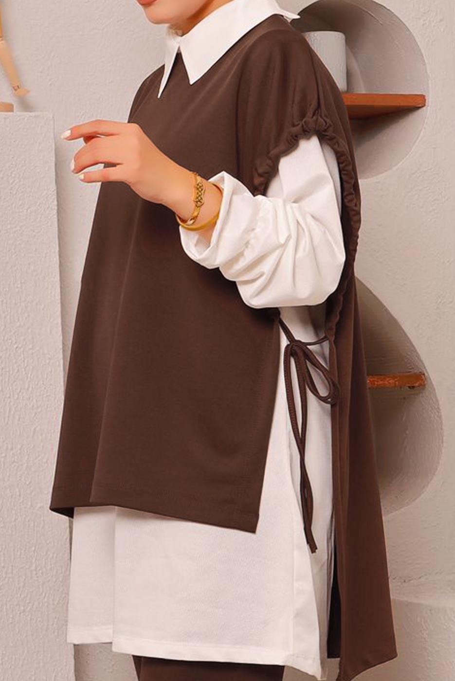 Tesettür giyim KAHVE BAĞLAMA DETAYLI ÜÇLÜ PANT. TAKIM 6772