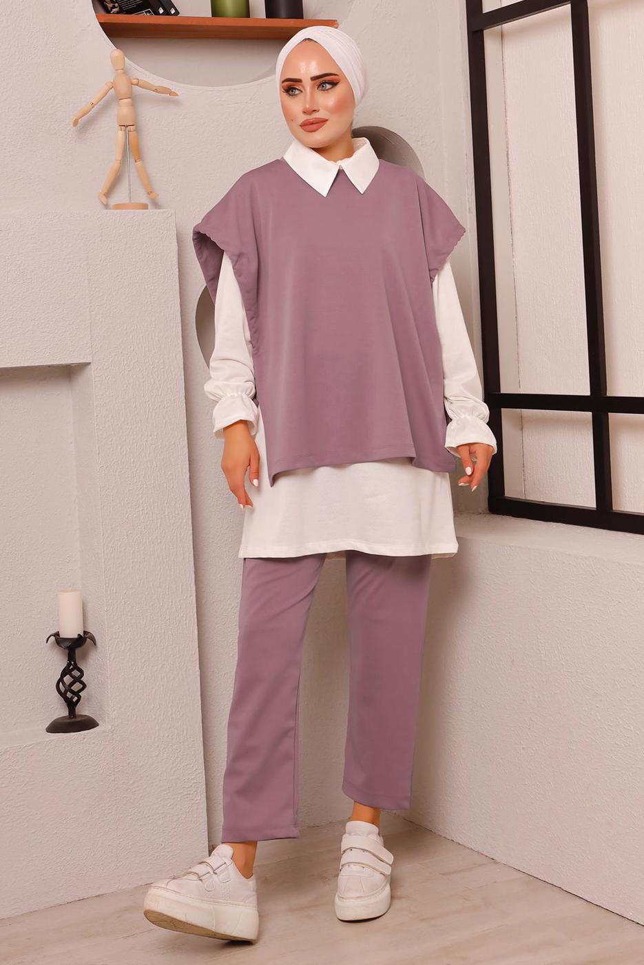 Tesettür giyim PUDRA BAĞLAMA DETAYLI ÜÇLÜ PANT. TAKIM 6772